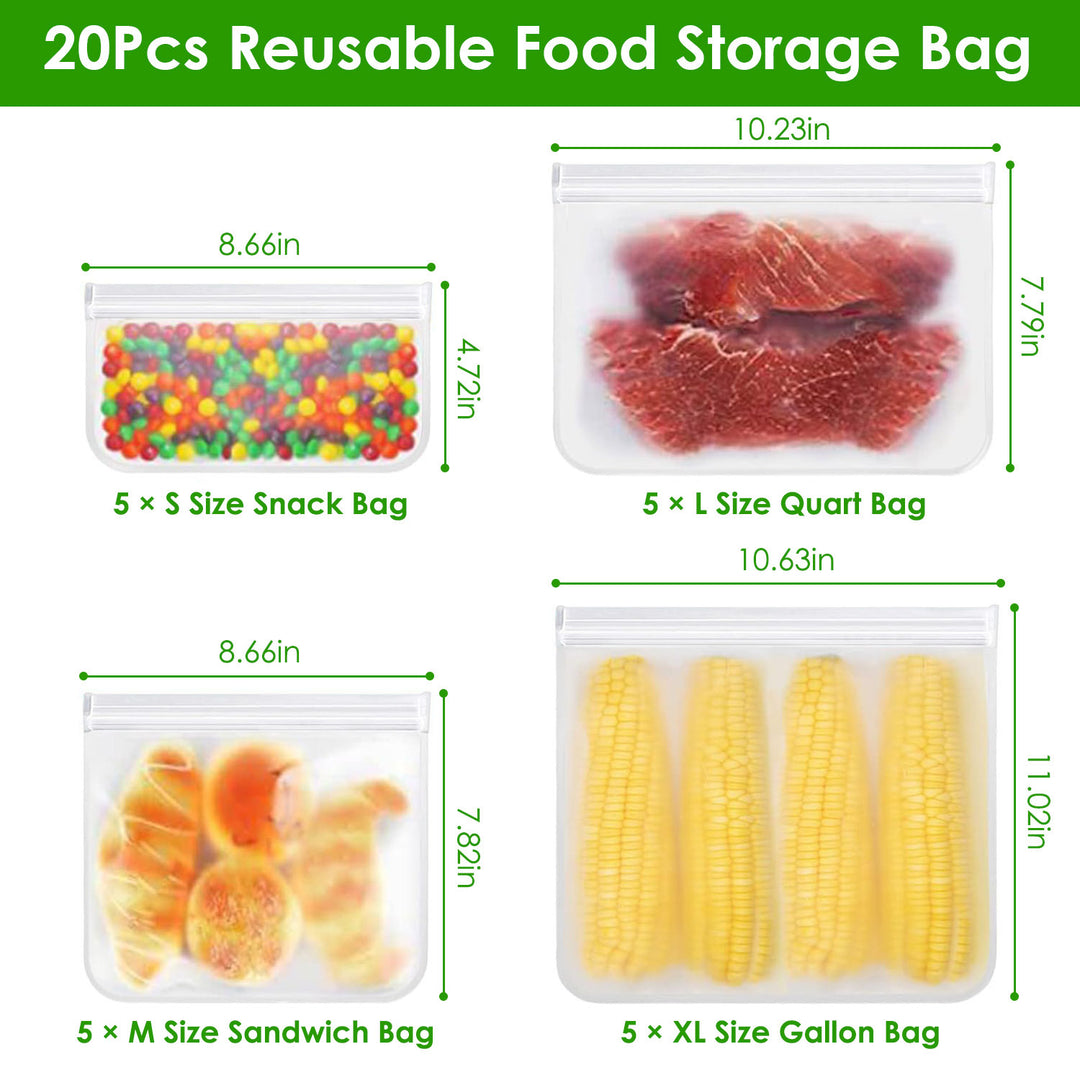 20Pcs Reusable Food Storage Bags 5 Sandwich Snack Gallon Quart Bag Leakproof BPA Free Food Container Freezer Safe Lunch Bag Tenko Store
