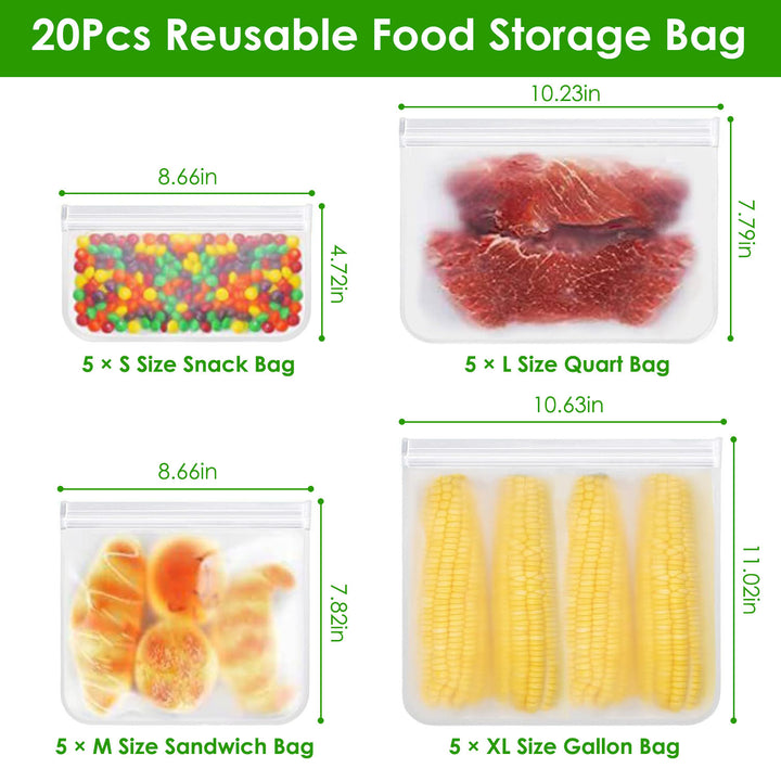 20Pcs Reusable Food Storage Bags 5 Sandwich Snack Gallon Quart Bag Leakproof BPA Free Food Container Freezer Safe Lunch Bag Tenko Store