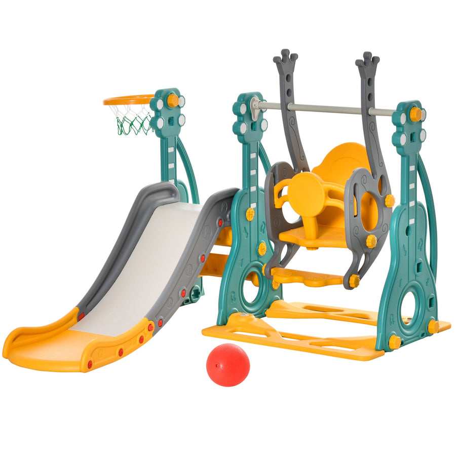 Qaba 3 in 1 Toddler Swing and Slide Set, Kids Slide with Climber, Ultra-Safety, Basketball Hood, Baby Playground Set, Fun Indoor/Outdoor Playset Exercise Toy for Ages 1.5-3 - Tenko Co., Ltd.