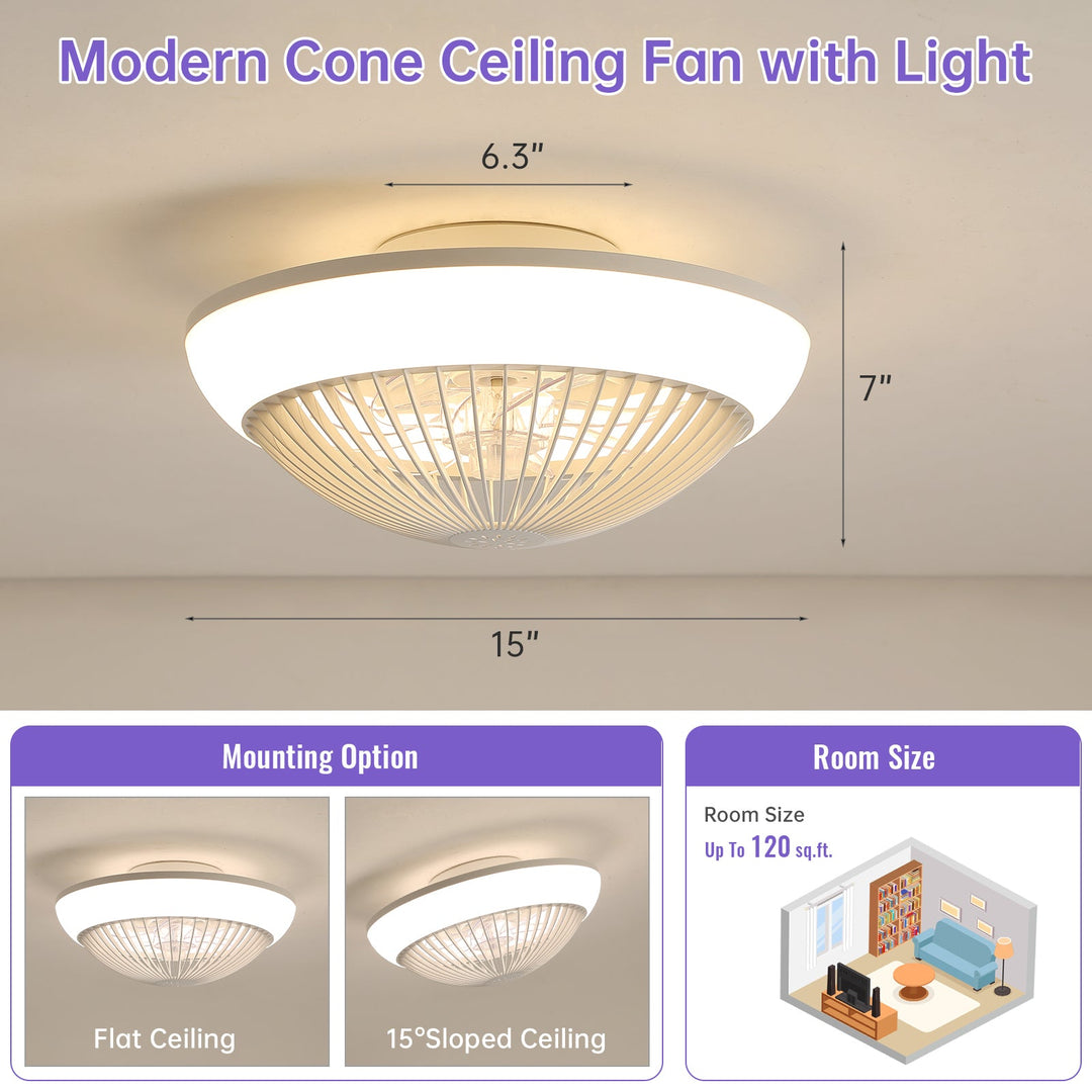 15 Inch RGB Dimmable Led Enclosed Ceiling Fan with Light Modern Bladeless 6 Speed Remote Control for Bedroom Kids Room Party - Tenko Co., Ltd.