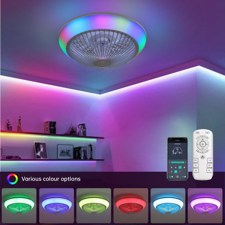 15 Inch RGB Dimmable Led Enclosed Ceiling Fan with Light Modern Bladeless 6 Speed Remote Control for Bedroom Kids Room Party - Tenko Co., Ltd.