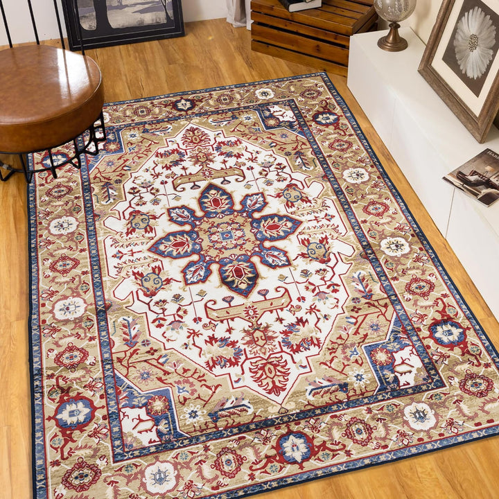 Area Rug 6x9 Vintage Bohemia Large Persian Non-slip Washable Rug For Living Room Kitchen Bedroom Living Room Flower Design Blue/Gold - Tenko Co., Ltd.