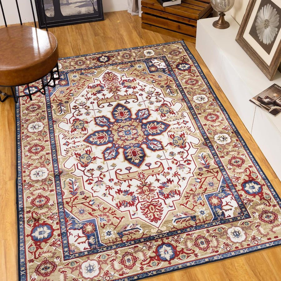 Area Rug 6x9 Vintage Bohemia Large Persian Non-slip Washable Rug For Living Room Kitchen Bedroom Living Room Flower Design Blue/Gold - Tenko Co., Ltd.