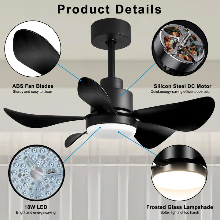 28' Ceiling Fans with Lights and Remote/APP Control, Low Profile Ceiling Fans with 5 Reversible Blades 3 Colors Dimmable 6 Speeds Ceiling Fan for Bedroom Kitchen - Tenko Co., Ltd.