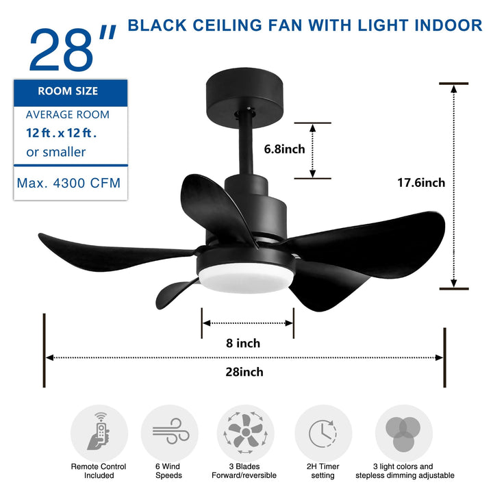 28' Ceiling Fans with Lights and Remote/APP Control, Low Profile Ceiling Fans with 5 Reversible Blades 3 Colors Dimmable 6 Speeds Ceiling Fan for Bedroom Kitchen - Tenko Co., Ltd.