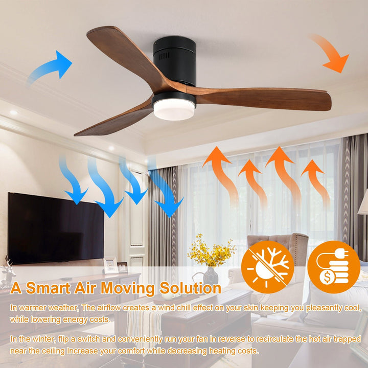 52 Inch Ceiling Fan With Lights 3 Solid Wood Fan Blade Noiseless Reversible Motor Smart Remote Control - Tenko Co., Ltd.