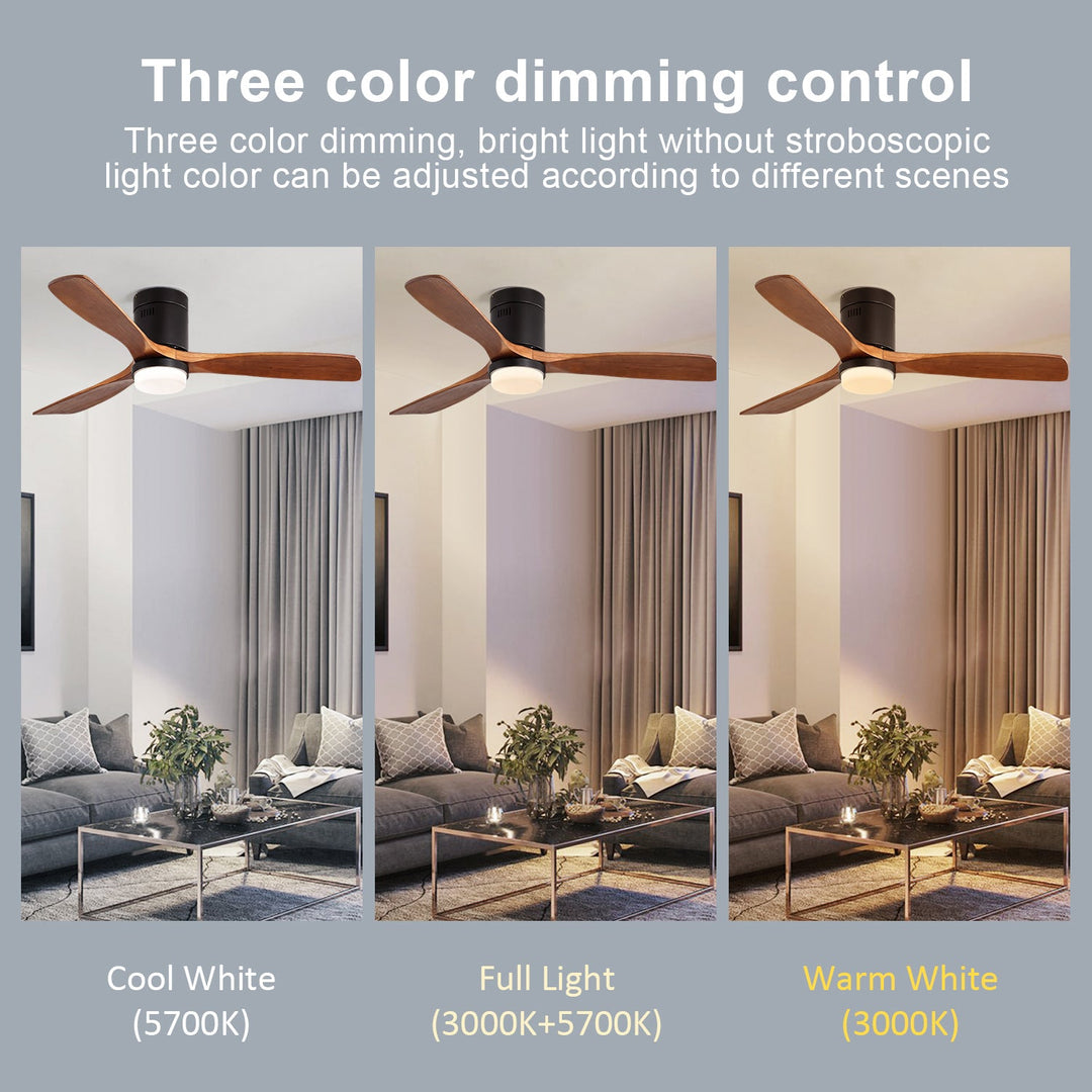 52 Inch Ceiling Fan With Lights 3 Solid Wood Fan Blade Noiseless Reversible Motor Smart Remote Control - Tenko Co., Ltd.