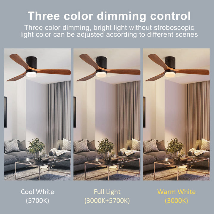 52 Inch Ceiling Fan With Lights 3 Solid Wood Fan Blade Noiseless Reversible Motor Smart Remote Control - Tenko Co., Ltd.