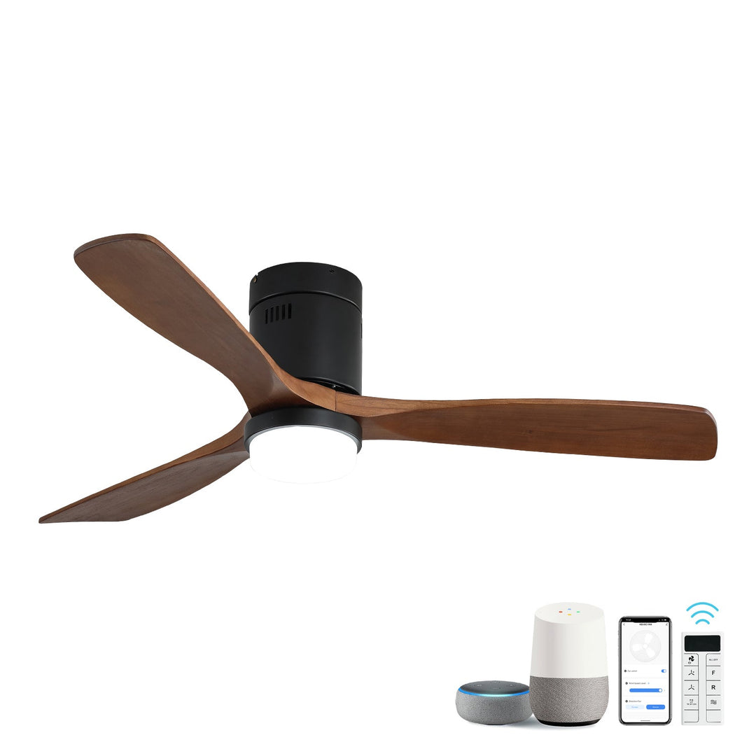52 Inch Ceiling Fan With Lights 3 Solid Wood Fan Blade Noiseless Reversible Motor Smart Remote Control - Tenko Co., Ltd.