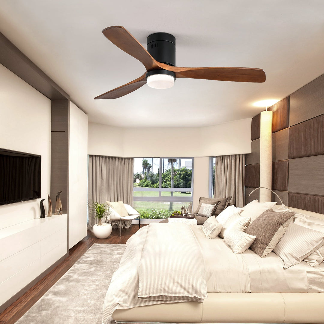 52 Inch Ceiling Fan With Lights 3 Solid Wood Fan Blade Noiseless Reversible Motor Smart Remote Control - Tenko Co., Ltd.