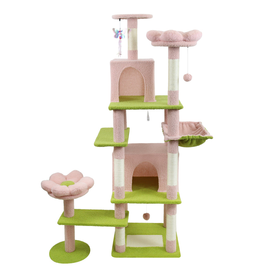 71 inch flower cat tree with large condo removable flower cushion and hammock pink - Tenko Co., Ltd.