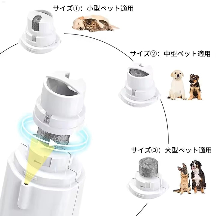 ペット用2in1ネイルケア 電動爪やすり 爪切り 一体型 犬猫兼用 爪飛び散り防止カバー付き LEDライト搭載 静音設計 軽量・コンパクト USB充電 初心者でも簡単ケア 3サイズの研磨ポート 中小型犬から大型犬・猫まで対応可能