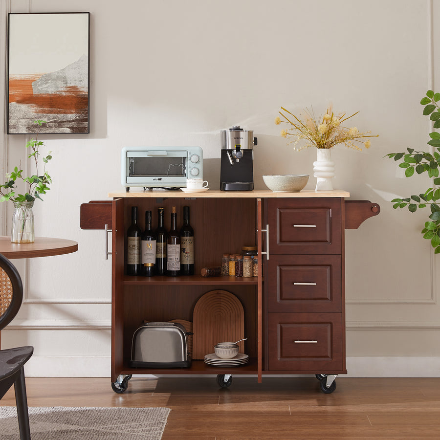 54 inch Portable Wooden Kitchen Island Cart Large Capacity with 3 drawers Drop-Leaf Table Spice Rack & Towel Rack for Small Spaces - Tenko Co., Ltd.