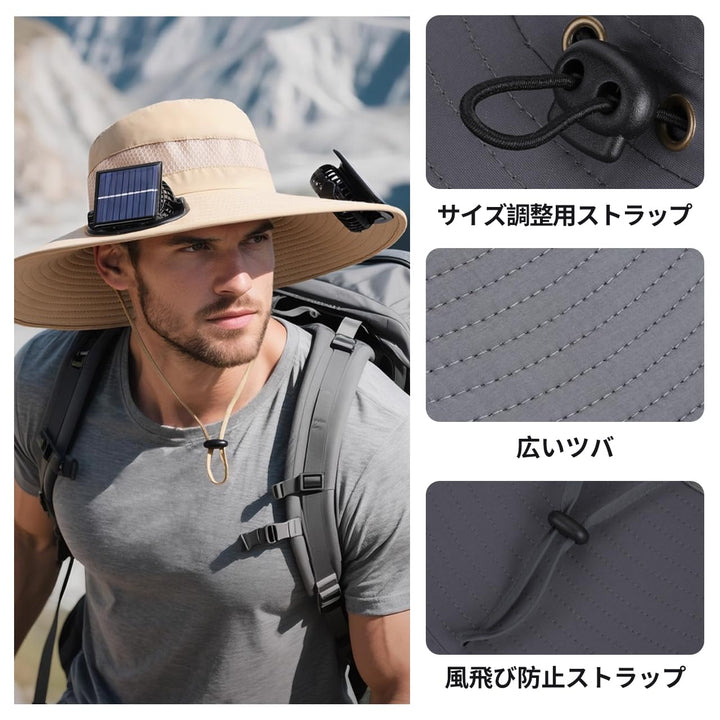 [Ｒａｙｚｏｎｉｃ] ソーラーファンハット 双扇風機付き帽子 大風量 釣り用帽子 USB充電・ソーラー充電対応 3段階風量調節 12cmつば ファン付きハット 日焼け防止 通気メッシュ帽体 通気性 吸湿速乾 熱中症対策 釣り 登山用 (カモフラージュカーキ)