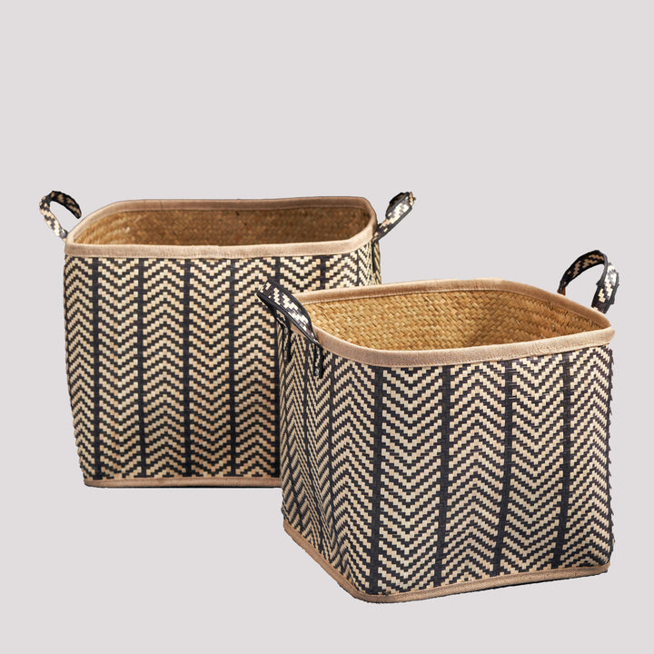Square Palm Leaf Woven Wicker Storage Basket with Handles Set of 2 - 14' x 14' x 15' and 16' x 16' x 17' - Back and Brown - For Clothes, Towels, Blankets, Toys, Books Storage, Picnic and Home - Tenko Co., Ltd.