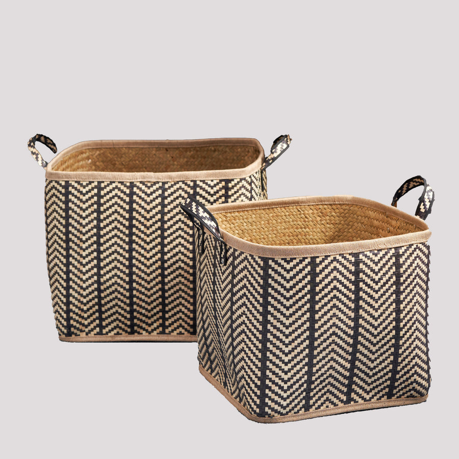 Square Palm Leaf Woven Wicker Storage Basket with Handles Set of 2 - 14' x 14' x 15' and 16' x 16' x 17' - Back and Brown - For Clothes, Towels, Blankets, Toys, Books Storage, Picnic and Home - Tenko Co., Ltd.