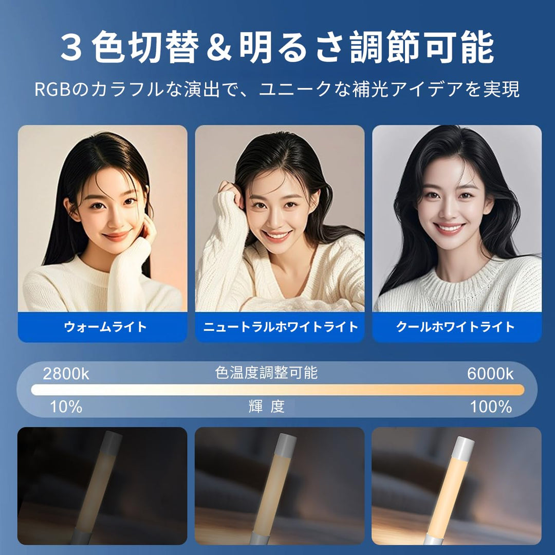 RGB補光ライト マグネット吸着可能 自然光環境を再現 無段階調光 PSE認証済み RGBカラー ムードライト 携帯型 Type-C対応 操作簡単 パーティー用 レインボー サンセット フレイム スカイブルー ウォーム 日本語取扱説明書付属