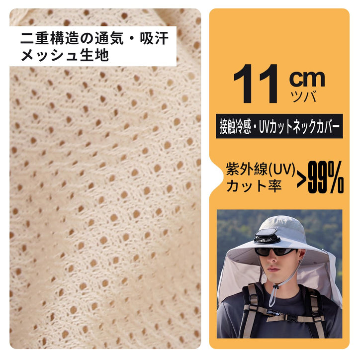 [Ｒａｙｚｏｎｉｃ] ソーラーファン付き帽子 日除けカバー付き 扇風機付き帽子 USB充電対応 3段階風量調節 通気メッシュ構造 接触冷感 撥水速乾素材 サイズ調整ストラップ付き アウトドア用ハット 55～60cm対応 登山 釣り 散歩 夏用 熱中症対策 (グレー)