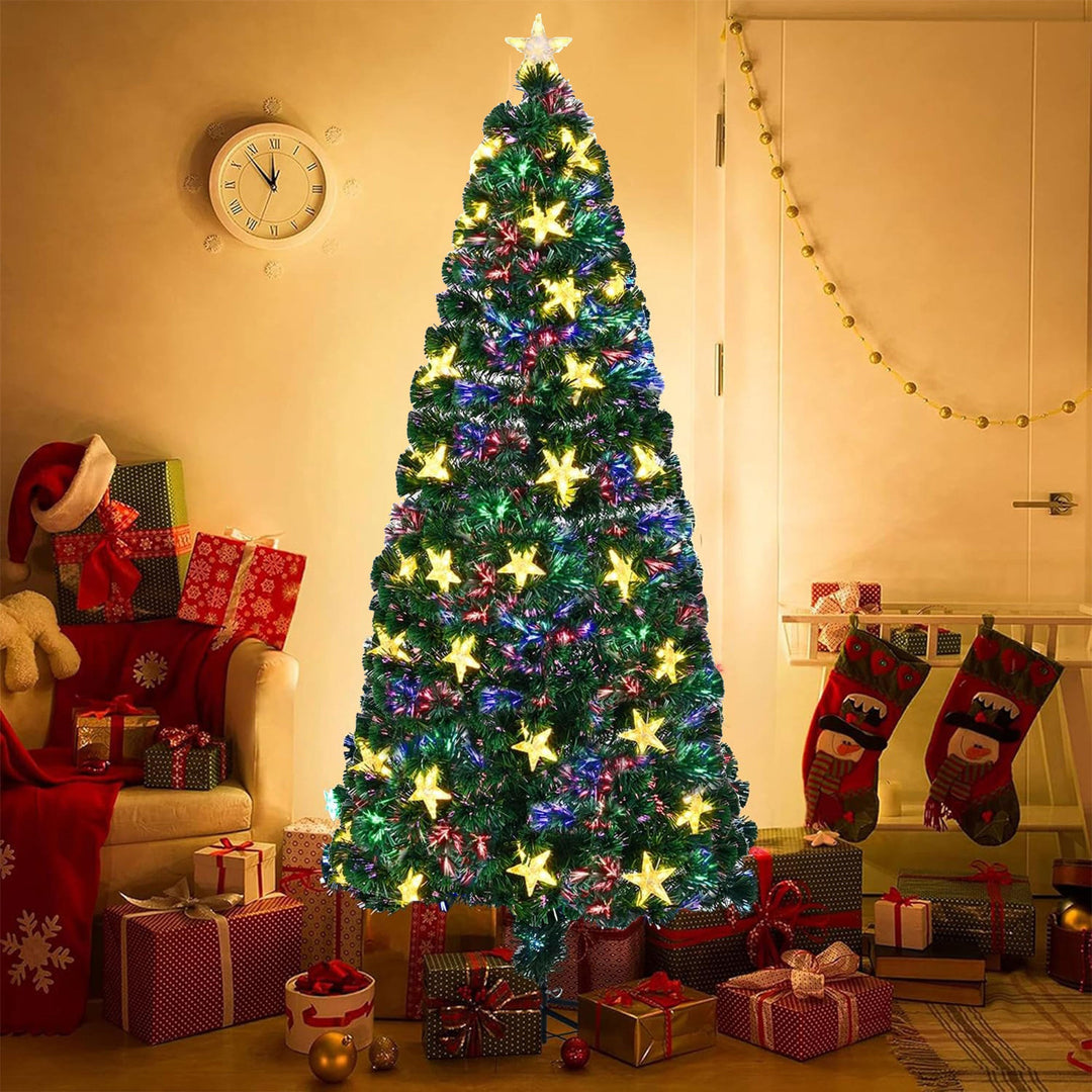 6FT Pre-lit Fiber Optic Christmas Tree with Large Stars, Artificial Chritsmas Tree Spruce Tree Color Changing Optical Fiber Lights,with Metal Stand,Full Tree for Holiday Decoration