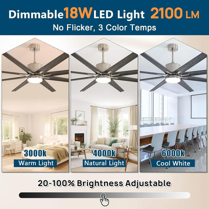 76 inch Smart App Controlled DC Motor Ceiling Fan with Light, Dimmable 3 - Color LED, 6 - Speed, Reversible, Remote, Timer, for Large Room - Tenko Co., Ltd.