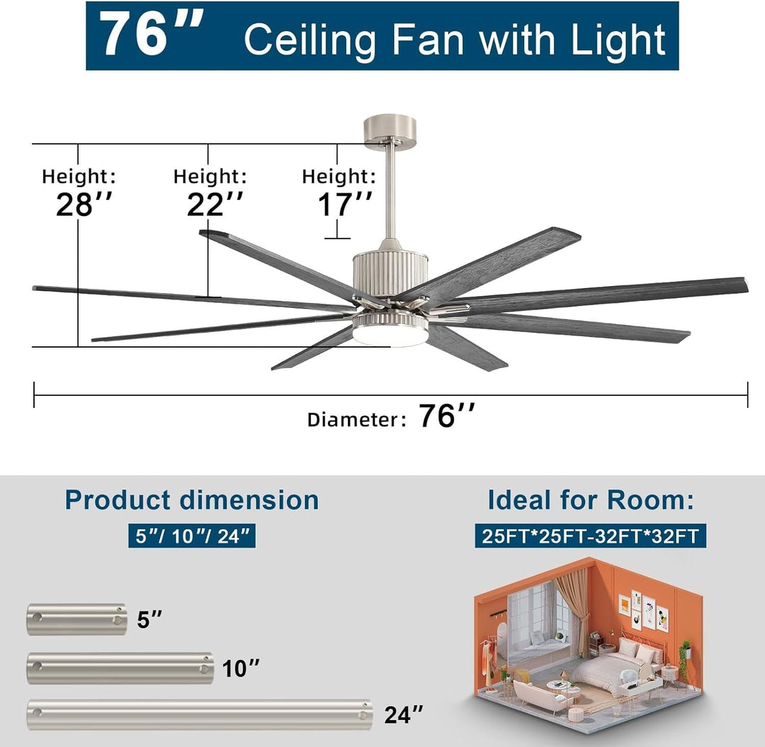 76 inch Smart App Controlled DC Motor Ceiling Fan with Light, Dimmable 3 - Color LED, 6 - Speed, Reversible, Remote, Timer, for Large Room - Tenko Co., Ltd.