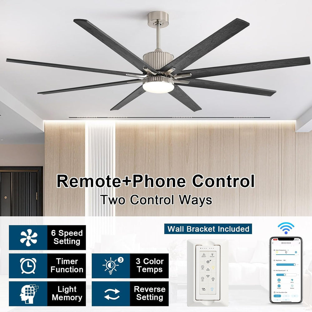 76 inch Smart App Controlled DC Motor Ceiling Fan with Light, Dimmable 3 - Color LED, 6 - Speed, Reversible, Remote, Timer, for Large Room - Tenko Co., Ltd.