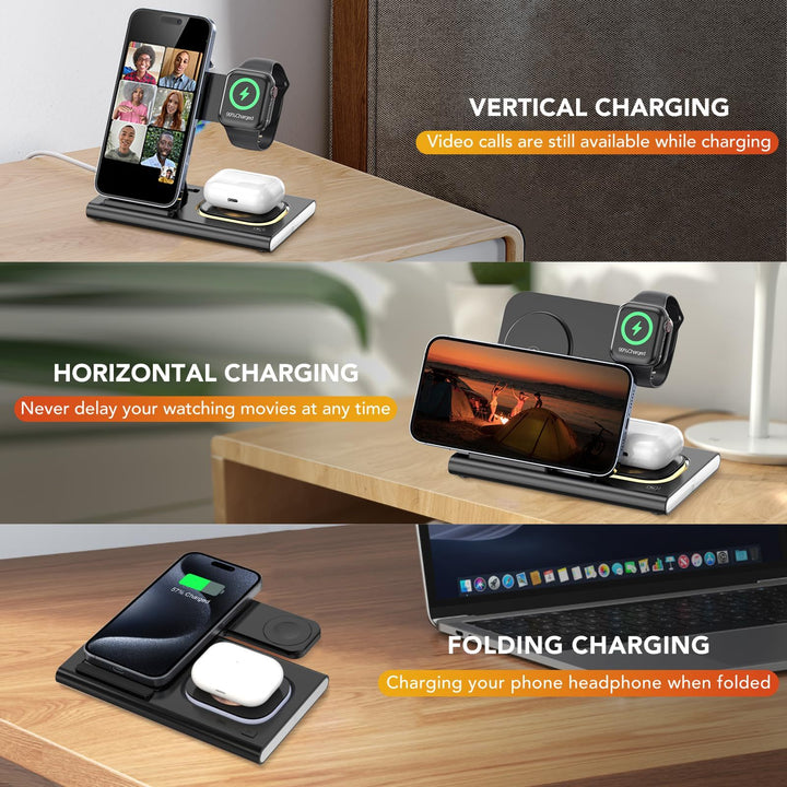 Wireless Charger Station, 4 In 1 Foldable 15W Fast Charging Wireless Charging Station With Night Light For IPods IWatch Tenko Store