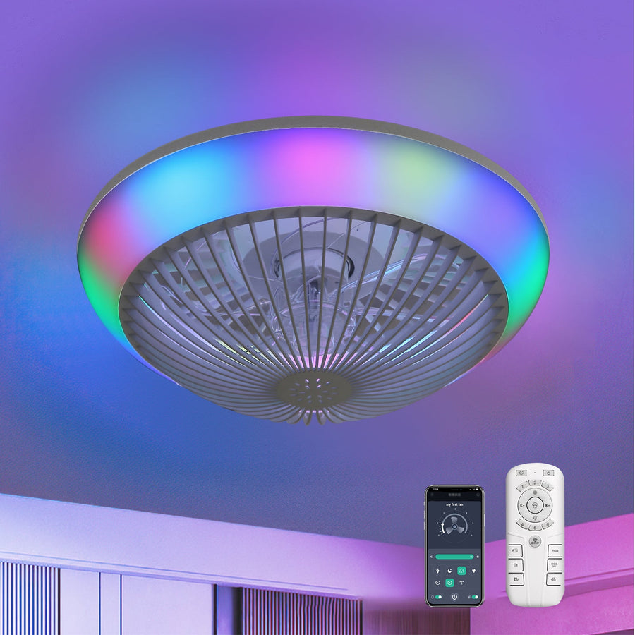 15 Inch RGB Dimmable Led Enclosed Ceiling Fan with Light Modern Bladeless 6 Speed Remote Control for Bedroom Kids Room Party - Tenko Co., Ltd.