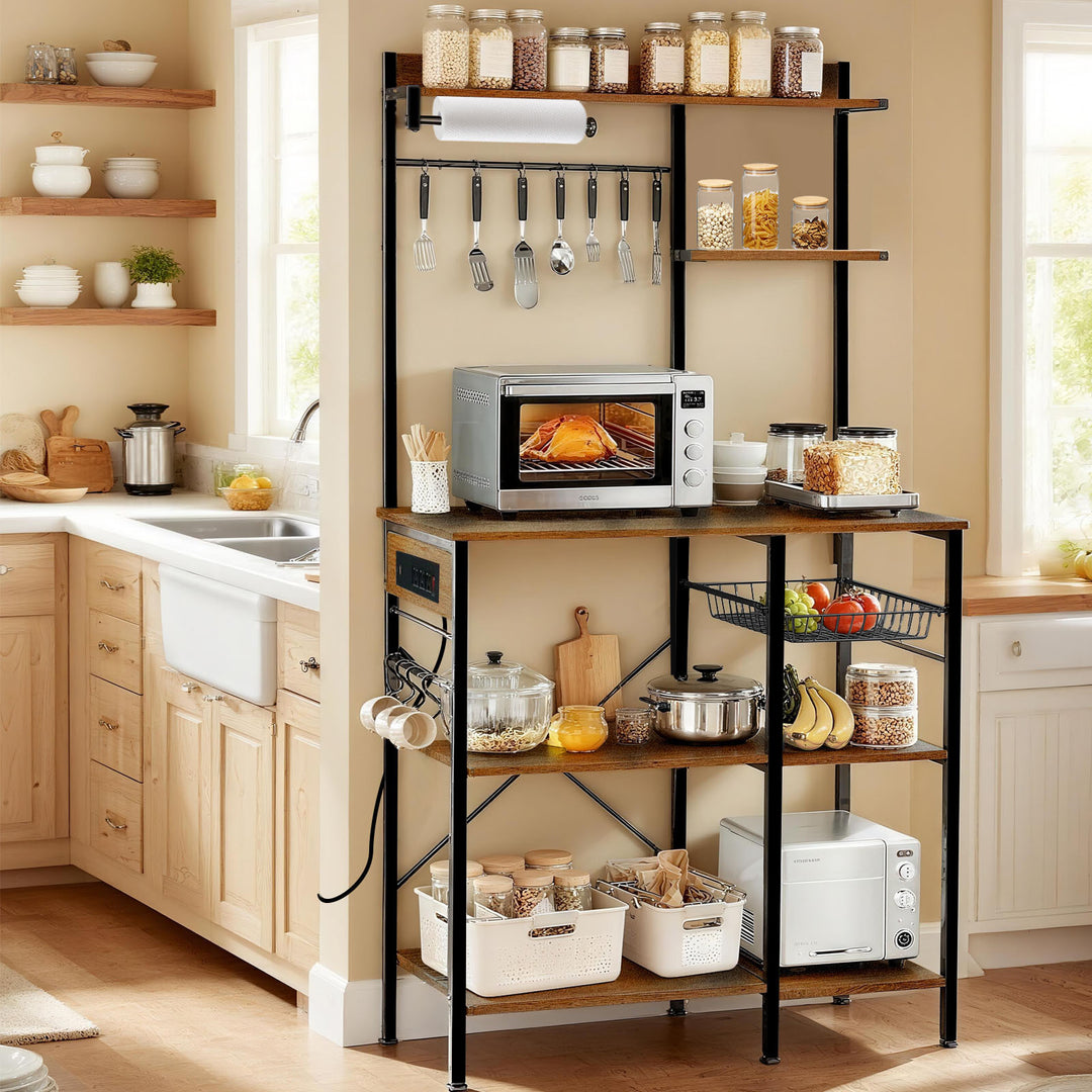 Bakers Rack with Power Outlet, Microwave Stand with Storage, Coffee Bar with S-Shaped Hooks, Kitchen Shelf with Wire Basket, Metal Bakers Rack for Spices, Pots (Brown) - Tenko Co., Ltd.