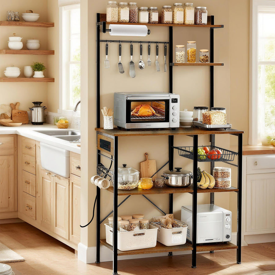 Bakers Rack with Power Outlet, Microwave Stand with Storage, Coffee Bar with S-Shaped Hooks, Kitchen Shelf with Wire Basket, Metal Bakers Rack for Spices, Pots (Brown) - Tenko Co., Ltd.