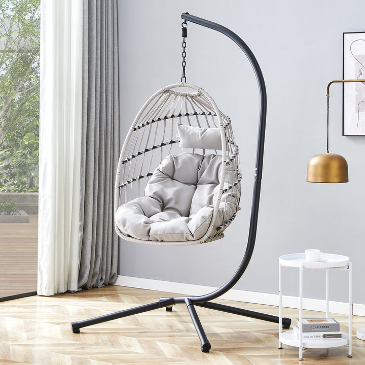 Gray Heavy-Duty Iron Hanging Chair with Wicker Weave – Single Person Swing for Indoor/Outdoor (Gray)