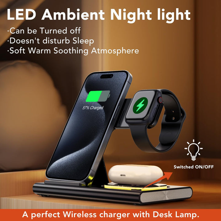 Wireless Charger Station, 4 In 1 Foldable 15W Fast Charging Wireless Charging Station With Night Light For IPods IWatch Tenko Store