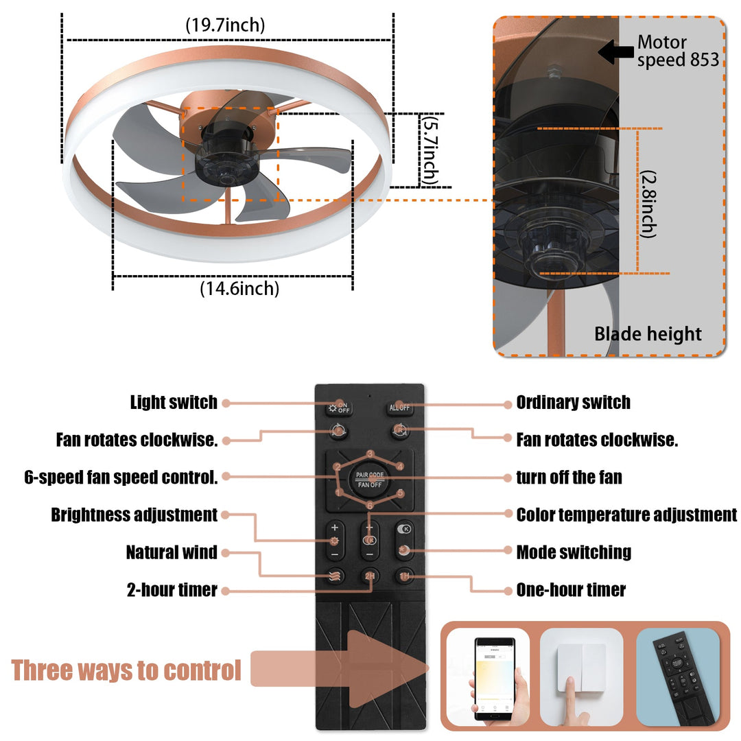 Ceiling Fans with Lights Dimmable LED Embedded installation of thin modern ceiling fans(Rose Gold) - Tenko Co., Ltd.