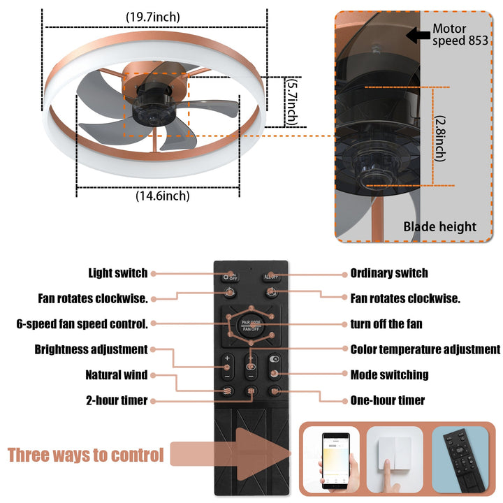 Ceiling Fans with Lights Dimmable LED Embedded installation of thin modern ceiling fans(Rose Gold) - Tenko Co., Ltd.