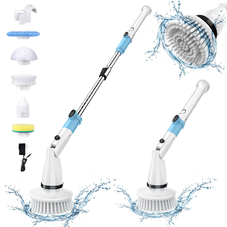 TASVAC EB5 Blue-white Electric Spin Scrubber, Cordless Cleaning Brush with 5 Replaceable Heads, 450 RPM, Adjustable Telescopic Handle, 90min Runtime - Tenko Co., Ltd.