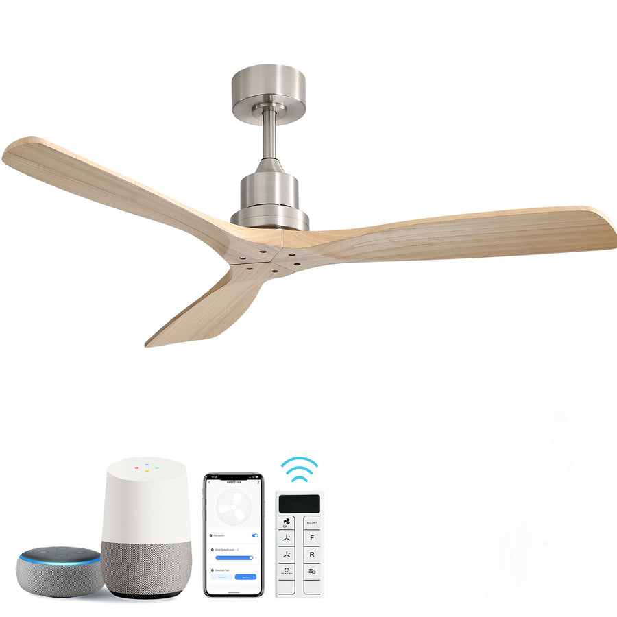 52 Inch Smart DC Ceiling Fan with 3 Natural Wood Blades Reversible Silent Motor and 1H/4H/8H Timer Function - Tenko Co., Ltd.