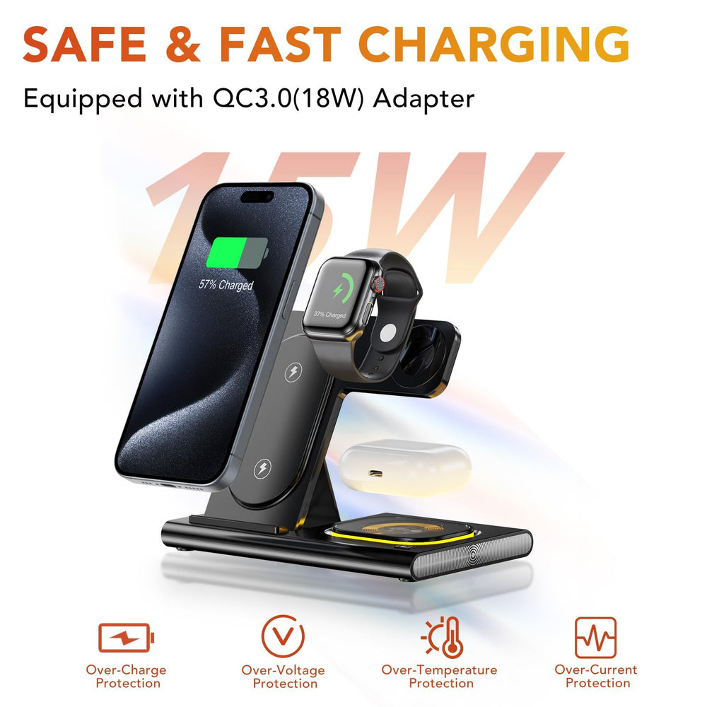 Wireless Charger Station, 4 In 1 Foldable 15W Fast Charging Wireless Charging Station With Night Light For IPods IWatch Tenko Store