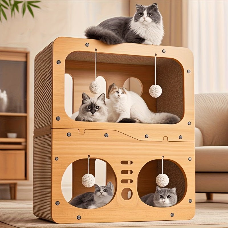 Extra - Large Vertical Scratching Post and Cool House - Two - Storey Cat Villa with Scratching Boards, Platform, and Entry Door - Space - Saving, Sturdy Design for Multi - Cat Households - Indoor Cat Claw Gua - Tenko Co., Ltd.