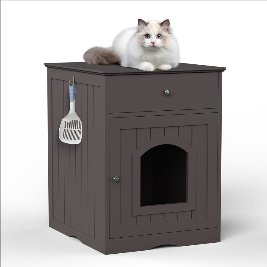 Wooden Pet House Cat Litter Box Enclosure with Drawer, Side Table, Indoor Pet Crate, Cat Home Nightstand (Brown) - Tenko Co., Ltd.