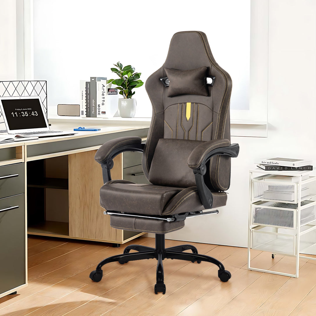 Gaming Chair, Video Game Chair with Massage Lumbar Support and Footrest, Comfortable Ergonomic Computer Chair with Linkage Armrests, Height Adjustable Racing Game Chair Pu Leather for Adults,Brown - Tenko Co., Ltd.