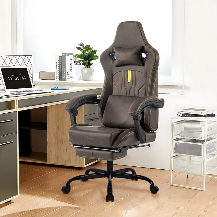 Gaming Chair, Video Game Chair with Massage Lumbar Support and Footrest, Comfortable Ergonomic Computer Chair with Linkage Armrests, Height Adjustable Racing Game Chair Pu Leather for Adults,Brown - Tenko Co., Ltd.