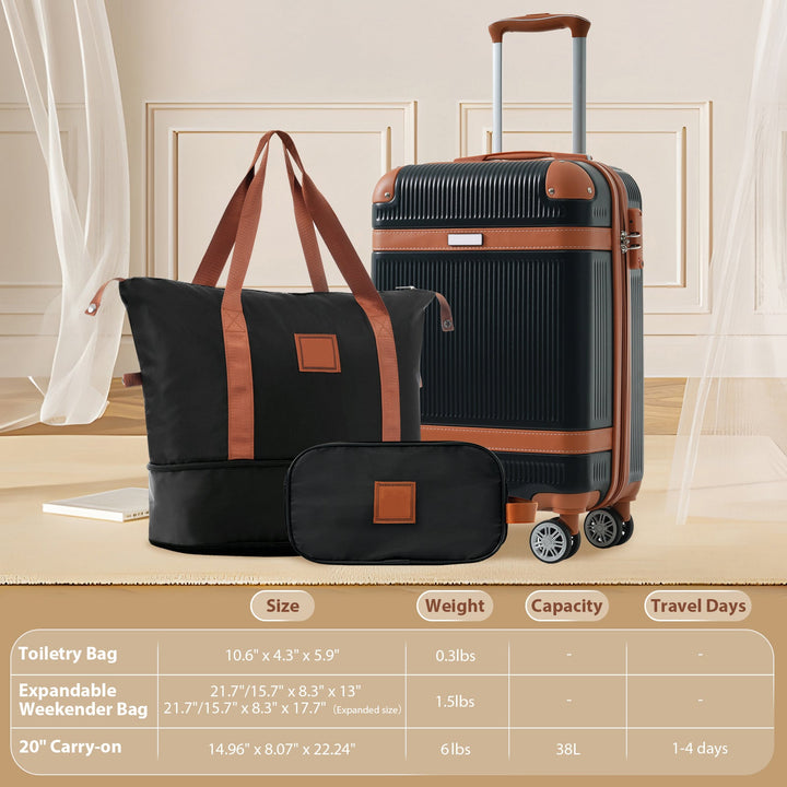 Hardshell Luggage Sets 3 Piece Carry - on Suitcase Double Spinner Wheels with TSA Lock for Men Women, Black (20in) - Tenko Co., Ltd.