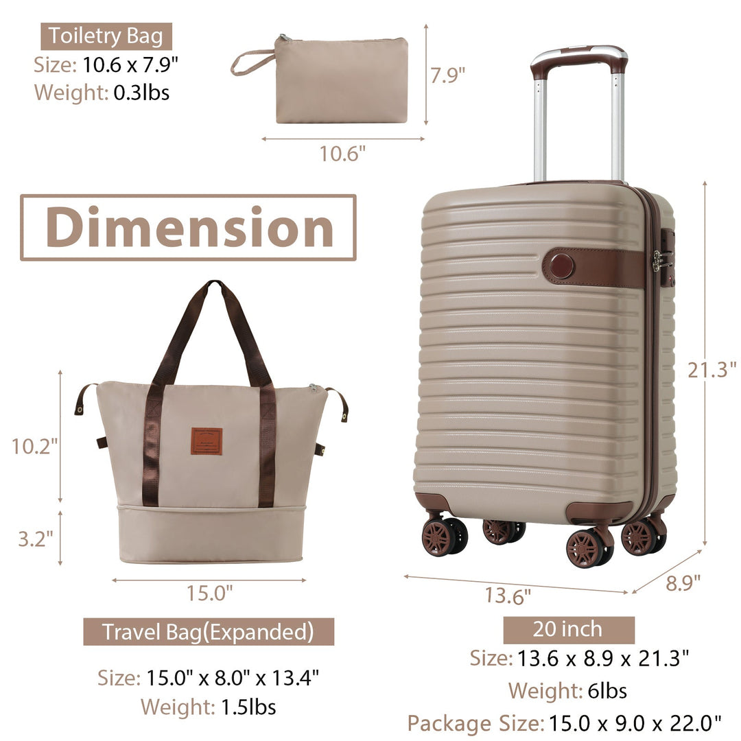 Luggage Sets 3 Piece Carry on Luggage 22x14x9 Airline Approved, Lightweight Hardshell ABS Suitcases with Wheels, 20 inch, Khaki - Tenko Co., Ltd.