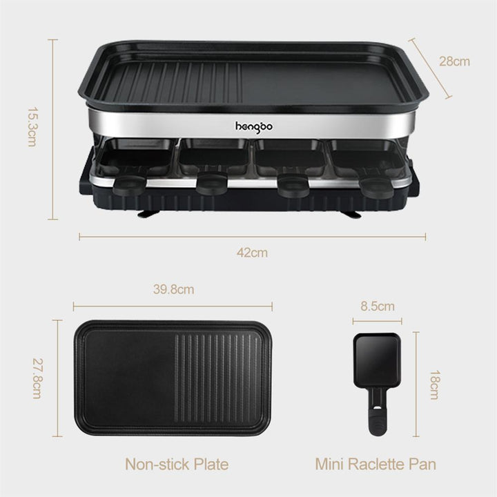 Raclette Grill 8 People Grill Plate Non - stick Coated, Raclette with 8 Mini Raclette Pans, Infinitely Adjustable Temperature, 1500W - Tenko Co., Ltd.