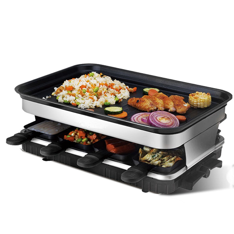 Raclette Grill 8 People Grill Plate Non - stick Coated, Raclette with 8 Mini Raclette Pans, Infinitely Adjustable Temperature, 1500W - Tenko Co., Ltd.