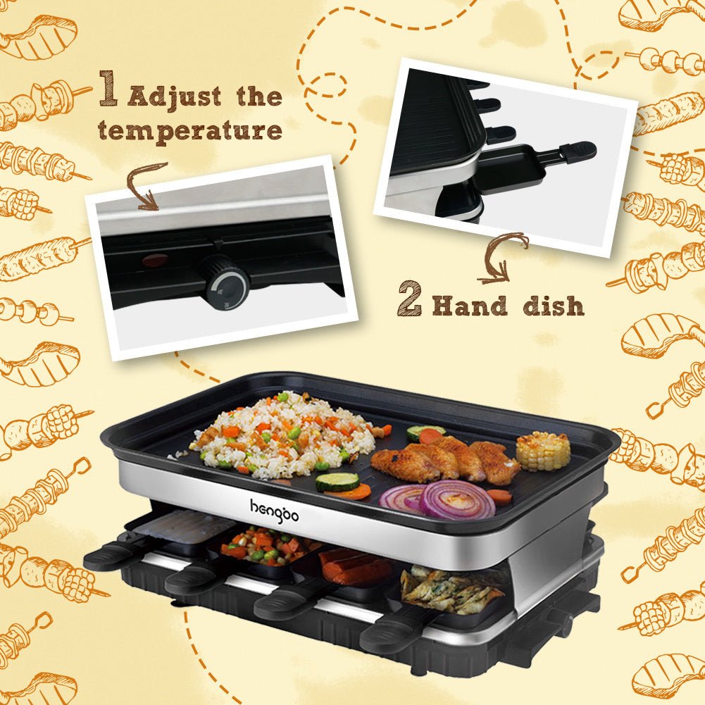 Raclette Grill 8 People Grill Plate Non - stick Coated, Raclette with 8 Mini Raclette Pans, Infinitely Adjustable Temperature, 1500W - Tenko Co., Ltd.