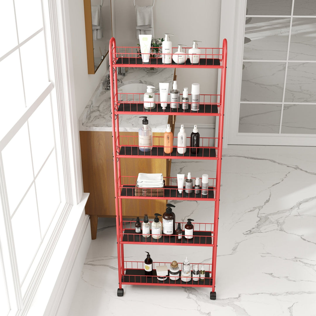 Red 6 - Tier Rolling Cart Gap Kitchen Slim Slide Out Storage Tower Rack with Wheels,6 Baskets,Kitchen,Bathroom Laundry Narrow Piaces Utility cart - Tenko Co., Ltd.