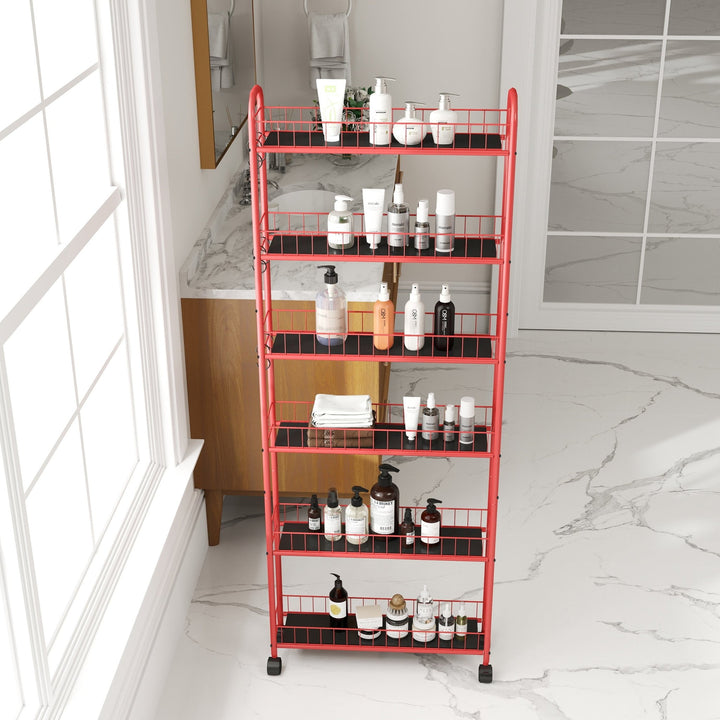 Red 6 - Tier Rolling Cart Gap Kitchen Slim Slide Out Storage Tower Rack with Wheels,6 Baskets,Kitchen,Bathroom Laundry Narrow Piaces Utility cart - Tenko Co., Ltd.