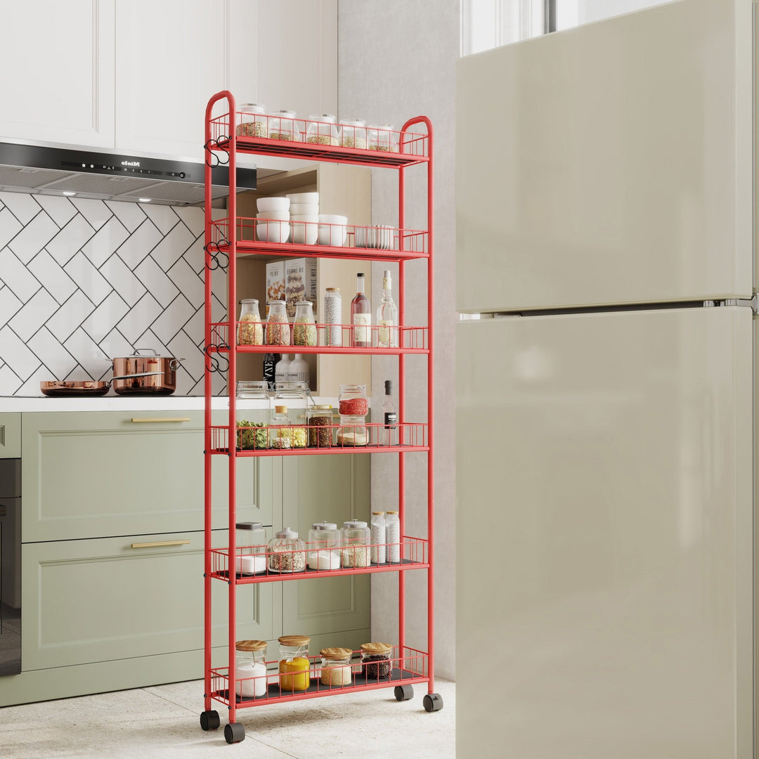 Red 6 - Tier Rolling Cart Gap Kitchen Slim Slide Out Storage Tower Rack with Wheels,6 Baskets,Kitchen,Bathroom Laundry Narrow Piaces Utility cart - Tenko Co., Ltd.