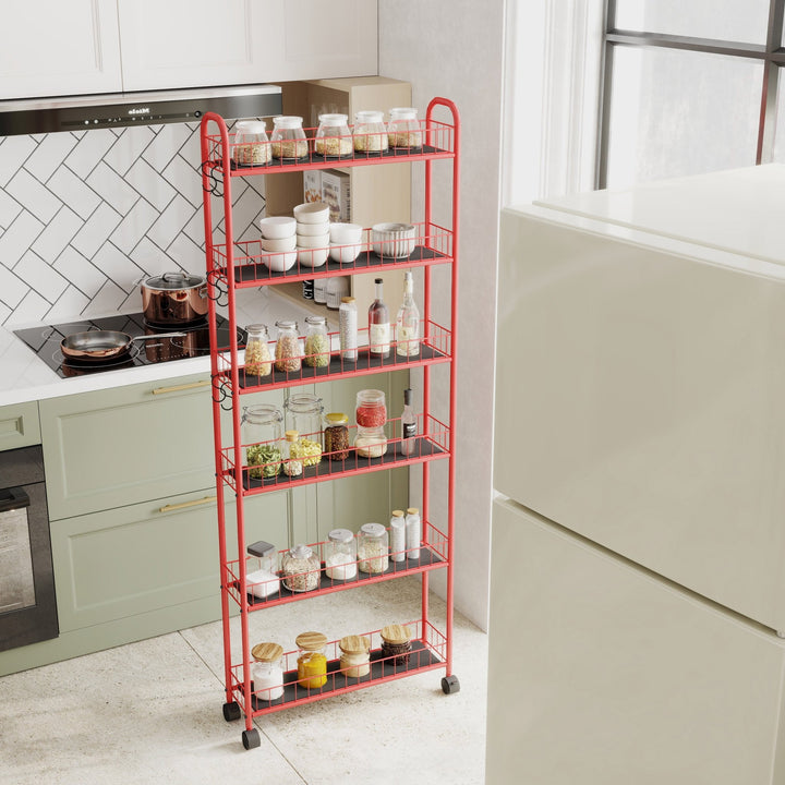 Red 6 - Tier Rolling Cart Gap Kitchen Slim Slide Out Storage Tower Rack with Wheels,6 Baskets,Kitchen,Bathroom Laundry Narrow Piaces Utility cart - Tenko Co., Ltd.